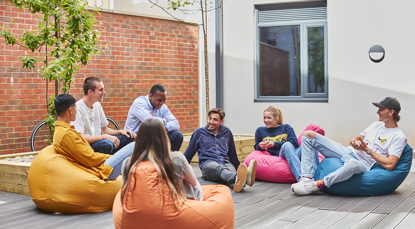 students chatting at exeter student accommodation